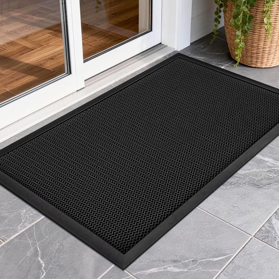 Tecfino Front Door Mat Outside Entrance, 3-Layer Dirt Trapping Outdoor Doormats, Heavy Duty Quick-Dry Welcome Mat, Non-Slip Rubber Door Mats for Entryway Patio Porch 24"×36" Black Grey