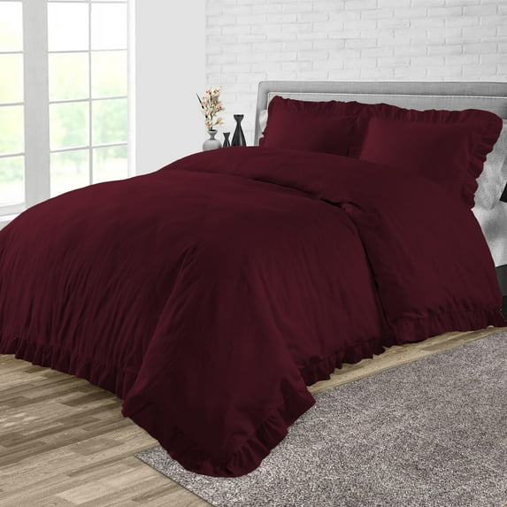 Duvet Cover 3 Piece Egyptian Cotton Cozy & Breathable 600 Thread Count Trimmed Ruffle Duvet Covers with Zipper Closure & Corner Ties Soft Comforter Cover (Oversized King, Wine )