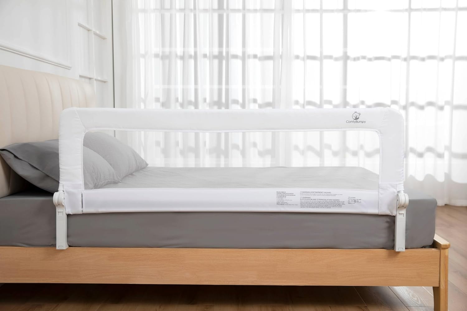 ComfyBumpy Toddler Bed Rail Guard, 55.5" x 19.5" Extra long Swing Down Rail for Kids Beds, White, 1 pack
