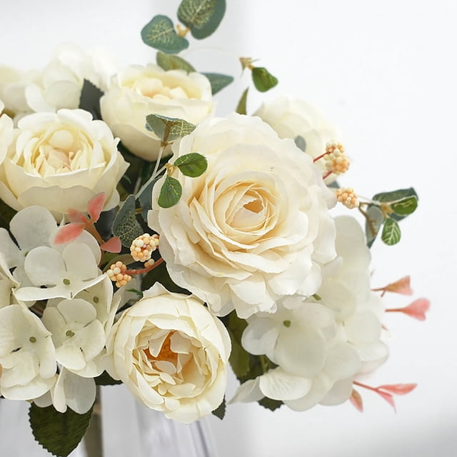 Peonías bordadas Flores artificiales - Set de 6 ramos para jardineras colgantes, decoración interior/exterior, hortensias de plástico y arreglo de rosas