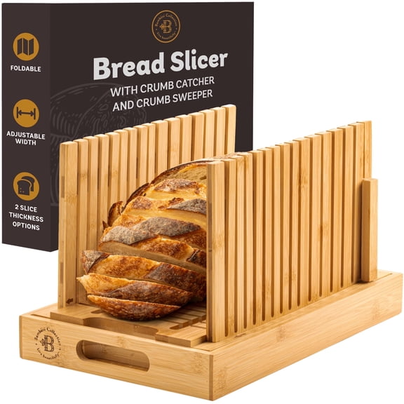 Bread Slicer for Homemade Bread - Adjustable Loaf Width Bread Cutter with Foldable Slicing Guide and Crumb Tray - Wooden Bread Cutting Board for Loaf, Cake, Bagels, Artisan Bread - Gift for Bakers