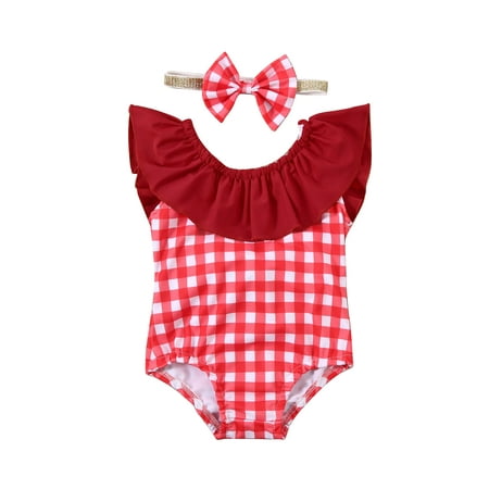 

Woshilaocai Toddler Baby Girl Swimsuit One Piece Bathing Suit Plaid Ruffle Swimwear Beachwear Headband Sunsuit 6M-6T