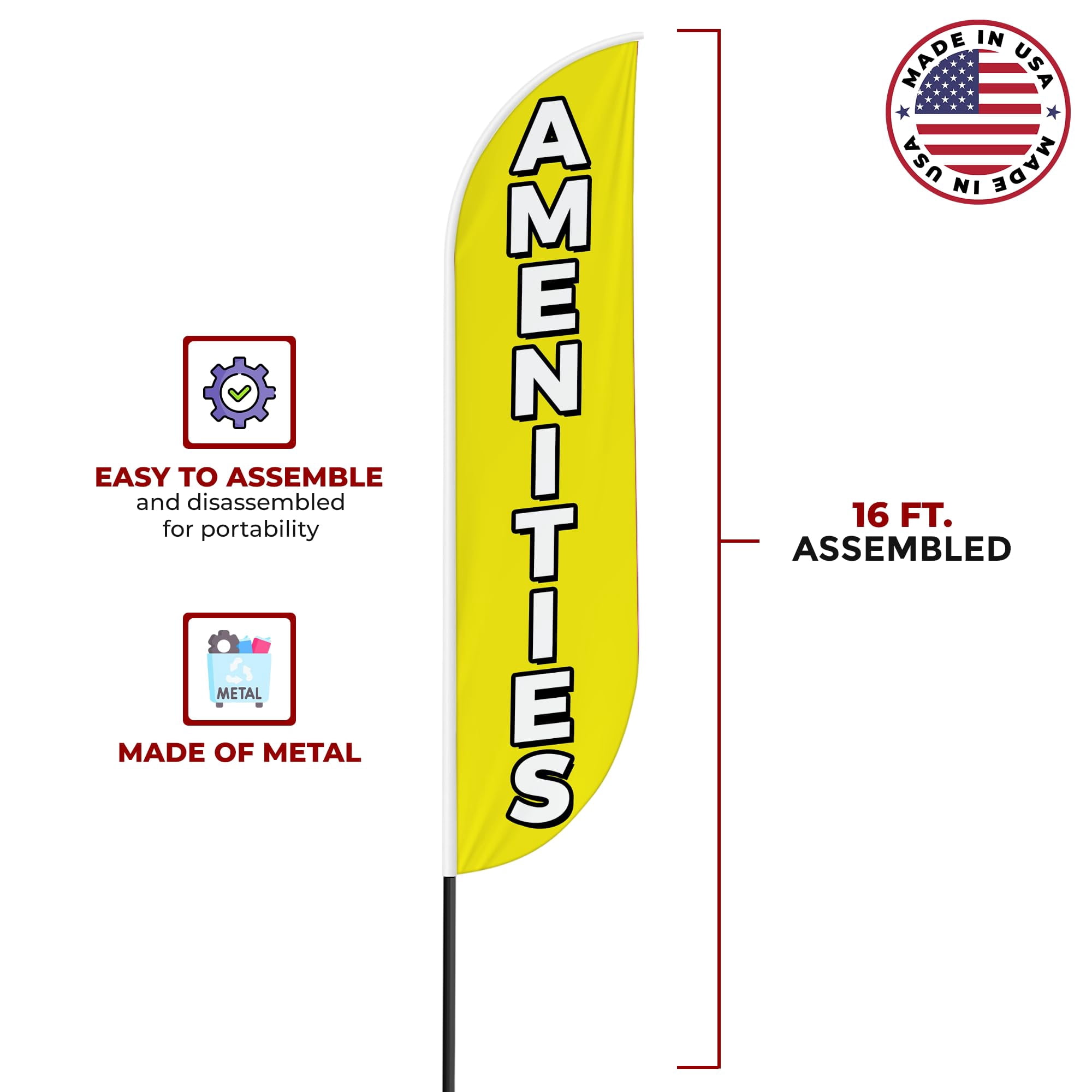 Amenities Sign feather flag for Outdoor by Mavis Printing | 11.5 FEET Long Polyester Outdoor Banner Flag for Easy Hang | HD Print Swooper I Flag Only to Advertise Real Estate BusinessI Flag Only