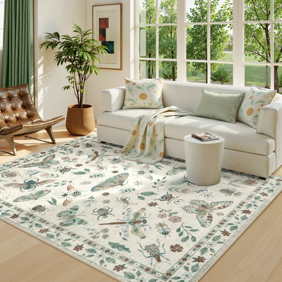 Moynesa Insect 5'x7' Area Rugs Washable Rug for Living Room Soft Natural Bedroom Rug Bug Accent Carpet for Dining Room Nursery Office Stain Resistant Non Slip, Beige