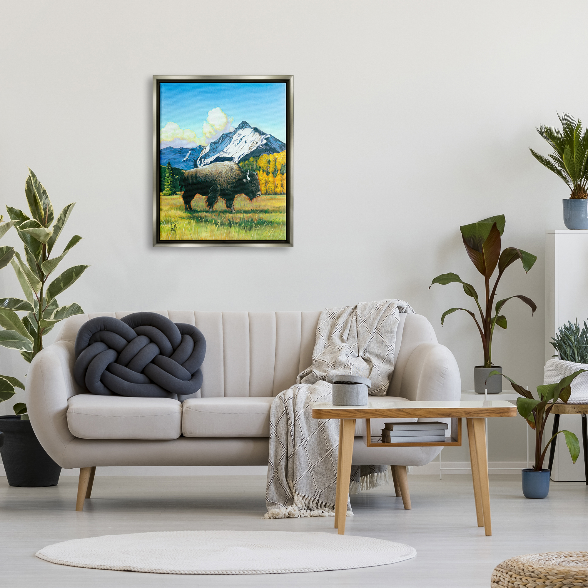 Stupell Industries Bison Rural Mountain Painting Animals & Insects Painting Gray Floater Framed Art Print Wall Art, 25 x 31