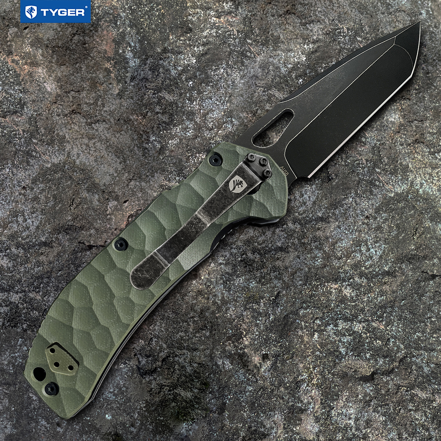 Tyger K4 EDC Folding Pocket Knife | Stone-washed AUS-8 Steel Blade with Black Titanium Ion Carbide Coating | Green G-10 Handle | TG-KF7A2368