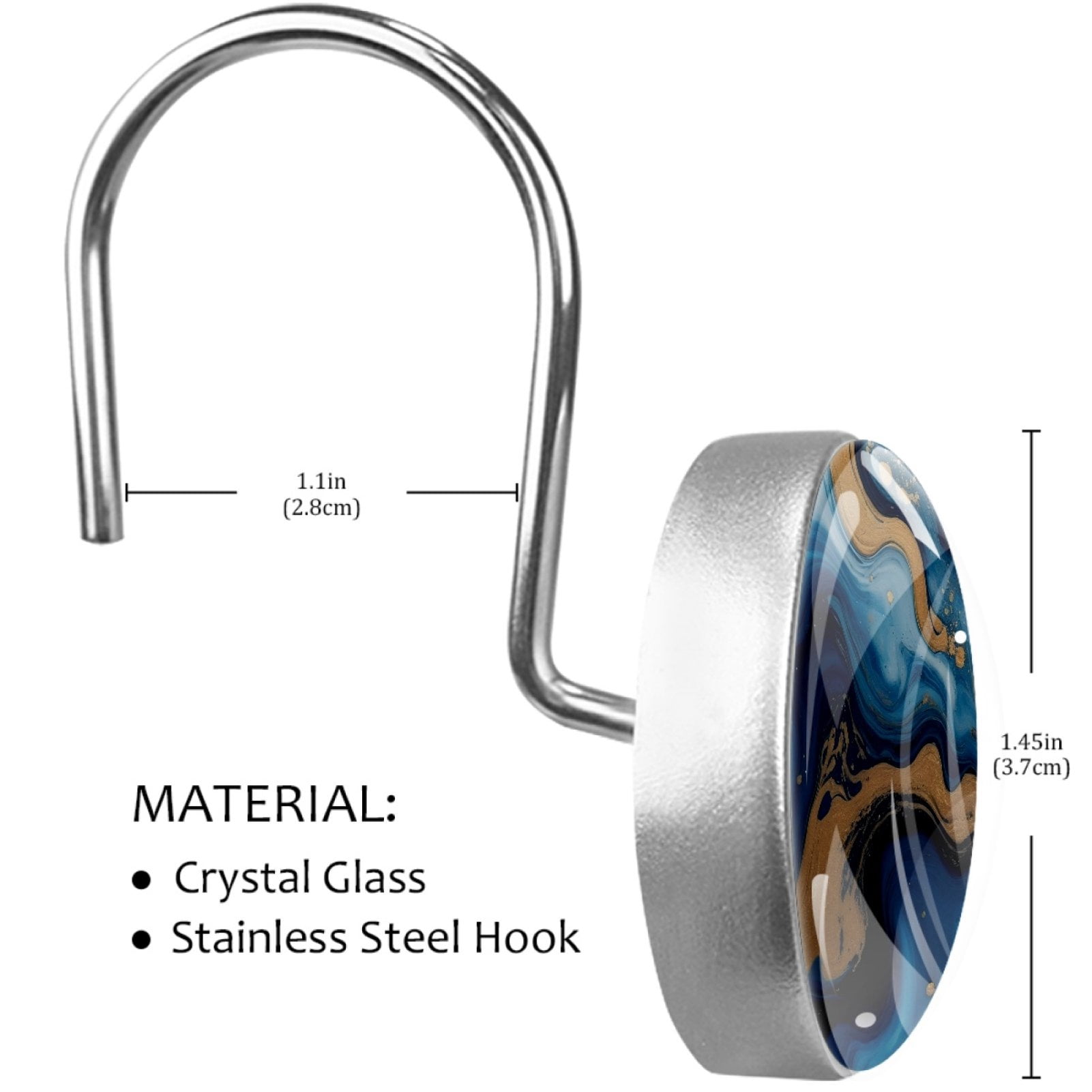 Blue Gold Abstract Marble 12 Pack Shower Curtain Hooks, Decorative Shower Rings for Shower Curtain Rods, Stainless Steel, Rust Resistant, Round Curtain Hooks for Bathroom