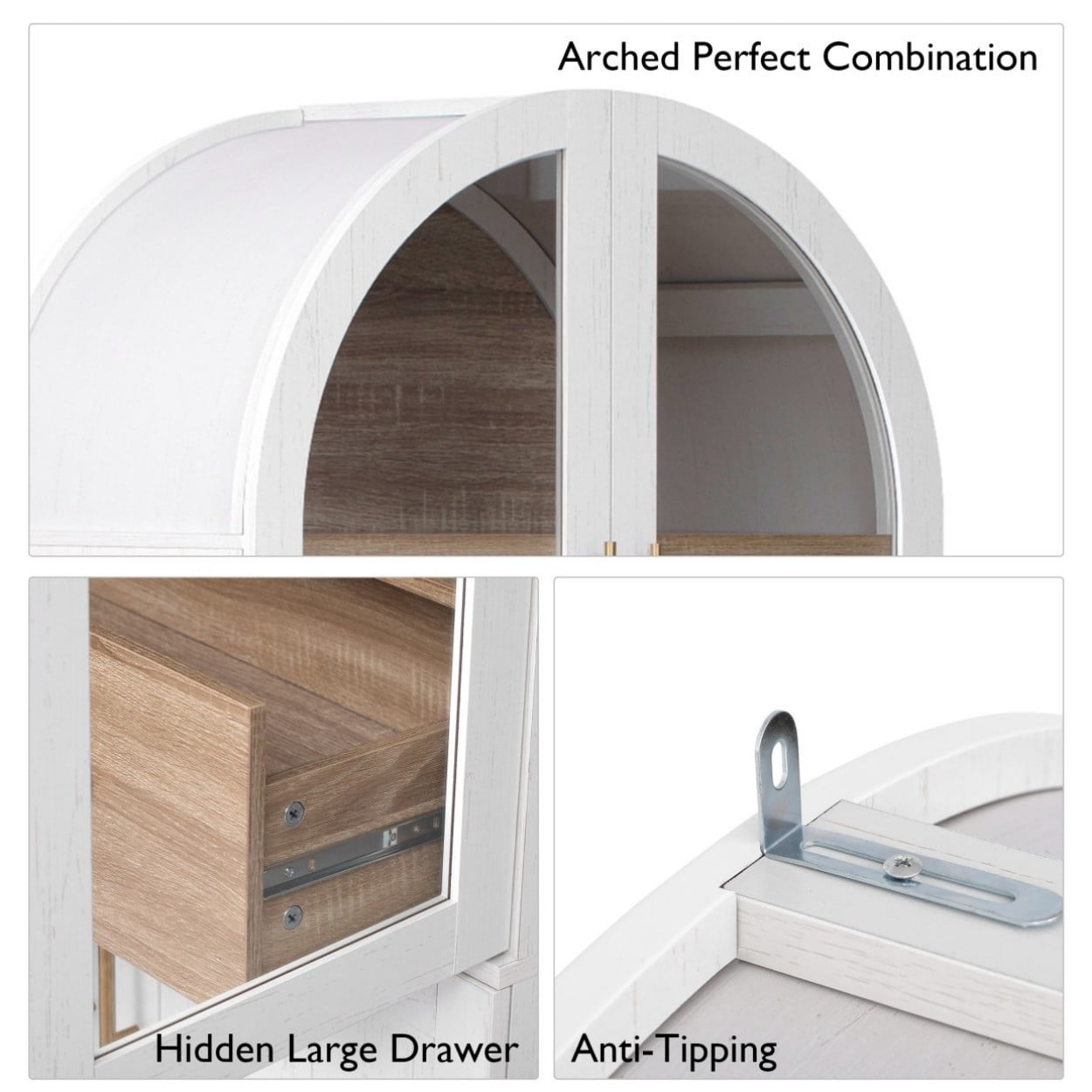 71" Tall Arched Kitchen Pantry Cabinet, Farmhouse Storage Cabinet with Glass Door, Adjustable Shelves, Hidden Drawer & Door Shelves for Dining Room, White