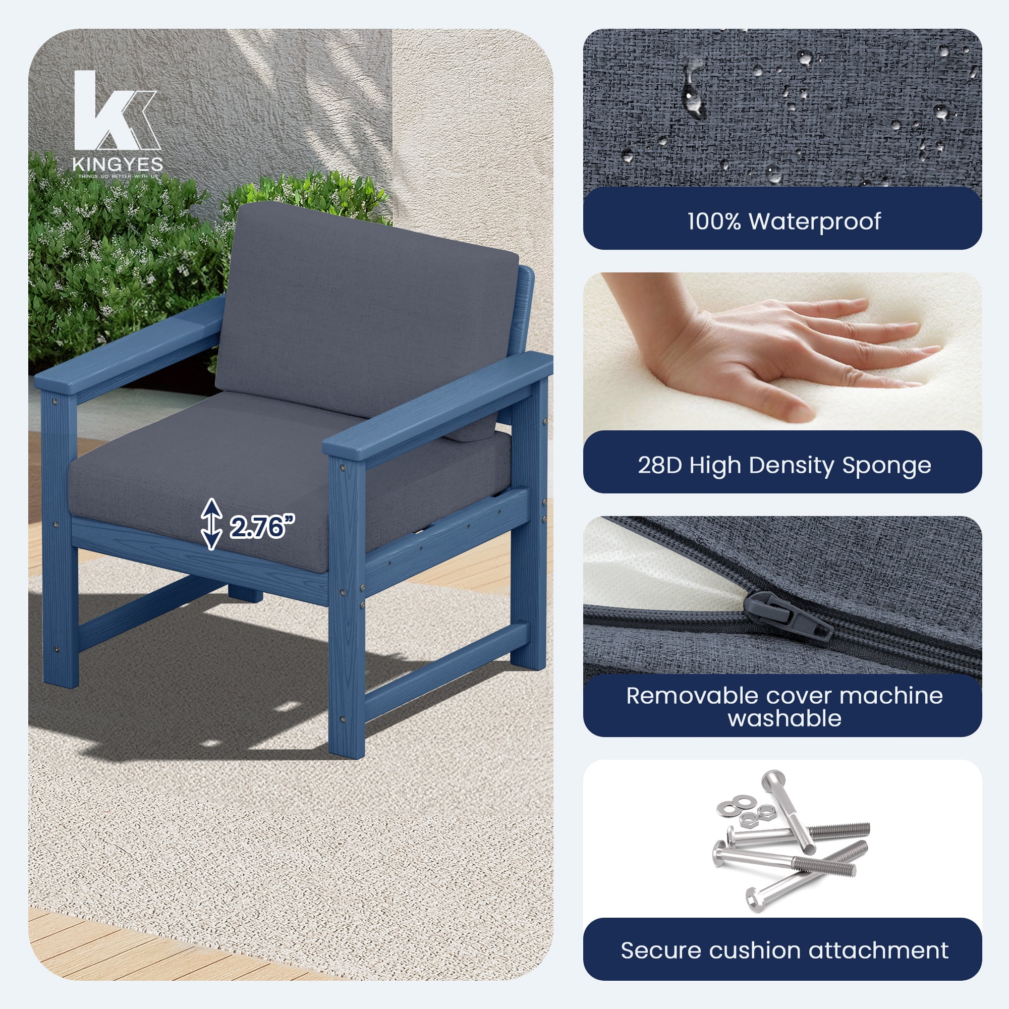 KINGYES 3 Pieces Outdoor Furniture Set, HDPE All Weather Use Conversation Couch Sets,2 Armchairs & 1 Coffee Table for Patio Backyard, Blue Frame with Gray Cushions
