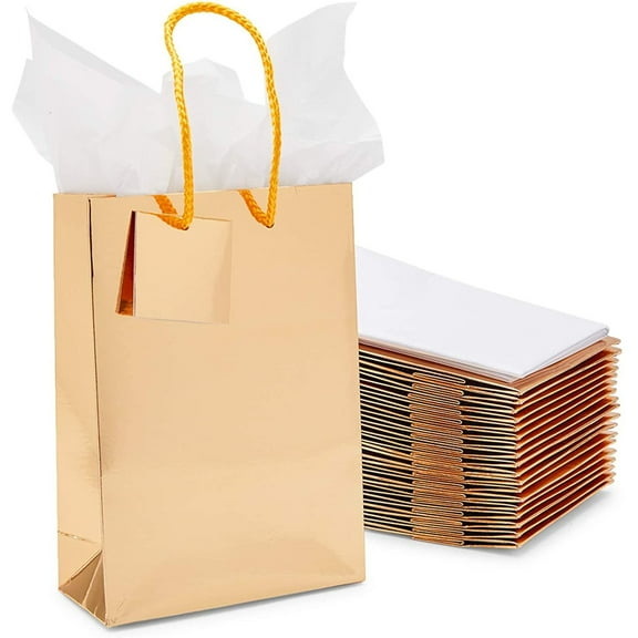 20 Pack Small Gold Party Favor Paper Gift Bags Bulk with Handles and Tissue Paper for Birthday