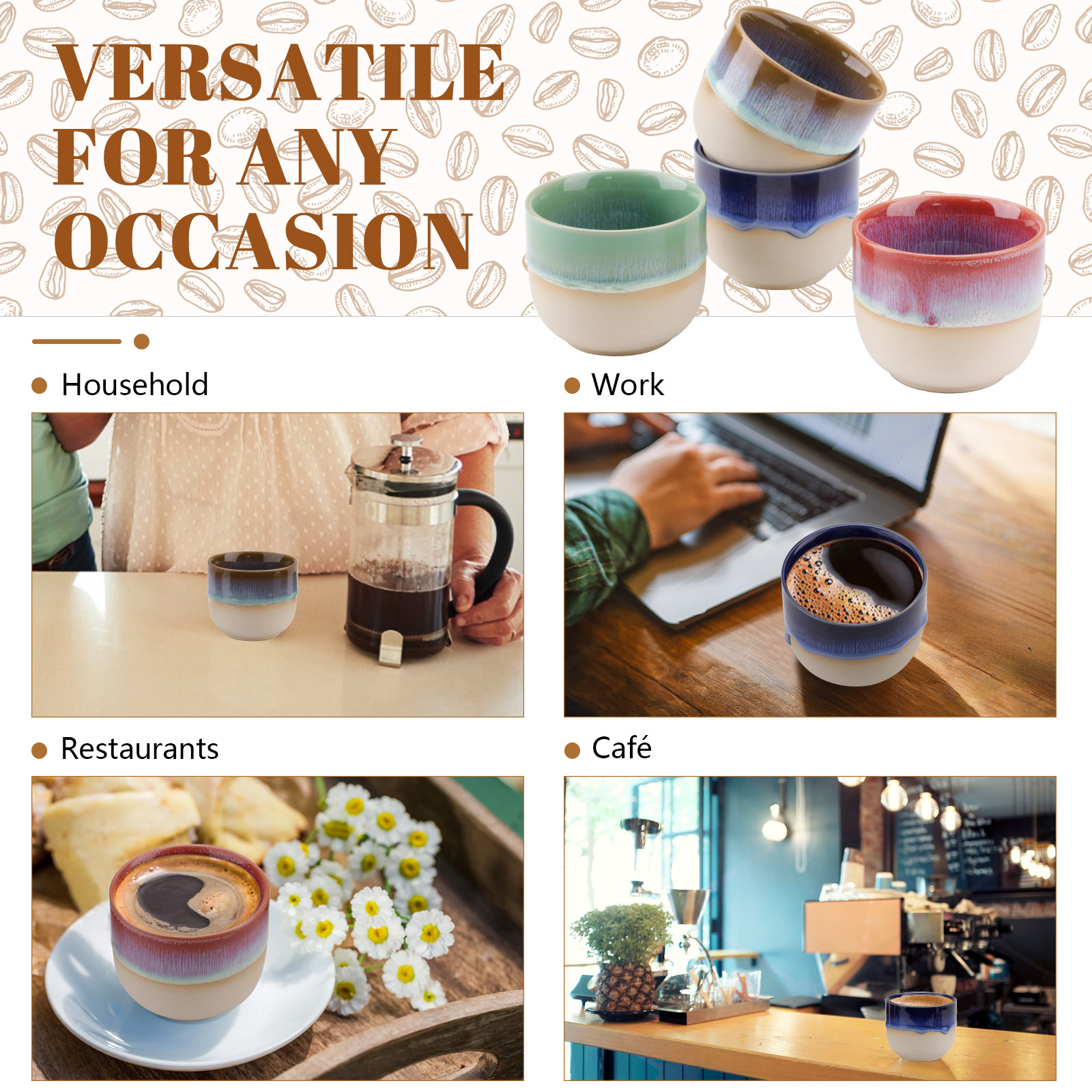 4 Pieces Handleless Porcelain Espresso Cups Set, 5 Oz Porcelain Espresso Mugs, Semi-Glaze Clay Demitasse Coffee Cups for Home Office Mocha Tea Machine (2.3" x 2.7", Colorful)