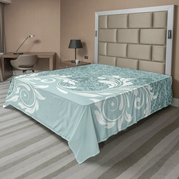 Ambesonne Vintage Flat Sheet, Retro Floral Ivy Swirls, Full Size, Slate Blue Pale Blue