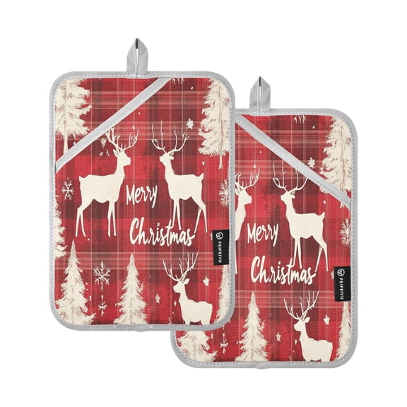BZSMCE Pot Holder Oven Mitts Cooking baking Dark Red Plaid Pattern with Reindeer Creative Pattern Size:7x9.8in
