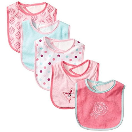 Luvable Friends Baby Girl Cotton Terry Drooler Bibs with PEVA Back 5pk, Butterfly, One Size