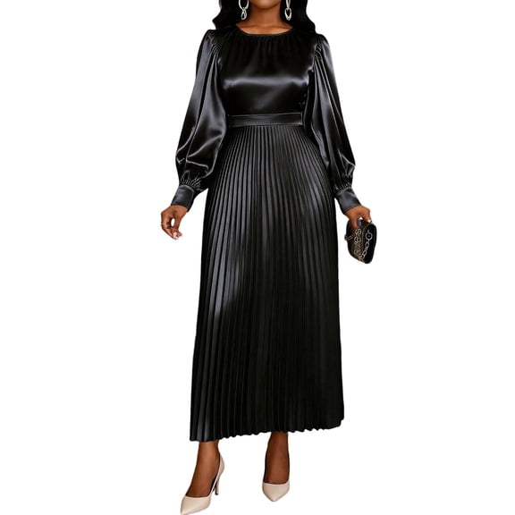 Women's Sparkly Maxi Dresses Metallic Collar Elegant Pleated Long Dress Lantern Sleeve High Waist Casual Maxi Dresses for Women 2026 Spring Dresses Vacation Outfits