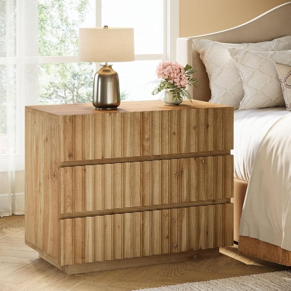 Tribesigns Oversized Solid Wood Nightstand with 3 Drawers, 31.5" Wide Farmhouse Fluted Night Stand for Bedroom, Brown