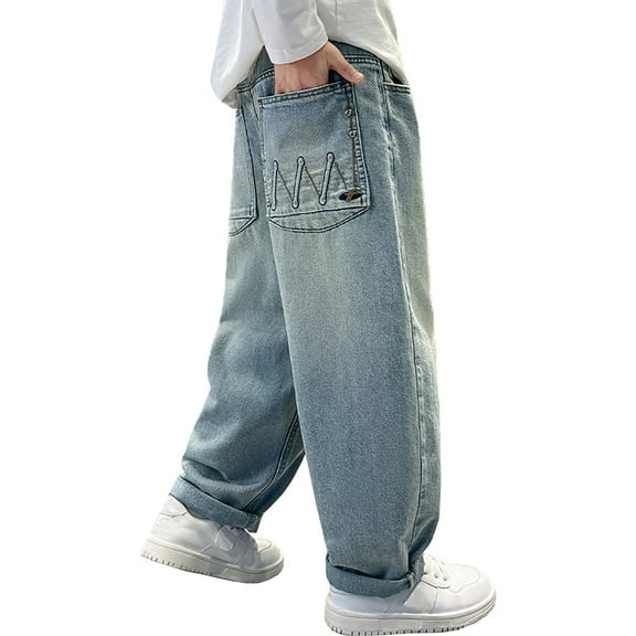 Jeans for Boys Boys' Fashion Boys' Loose Fit Jeans Oversized Straight Leg Denim Overalls Wide Leg Baggy Pants For Big Boys Spring Casual Wear