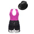 thumbnail image 2 of YONGHS Kids Girls Sequins Tassel Hem Dress Rumba Samba Salsa Cha Cha Latin Jazz Leotard with Hat Set Hot Pink&Black 6, 2 of 5