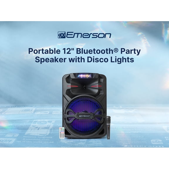 Emerson EDS-1200 Portable 12” Bluetooth Party Speaker with Disco Lights and Microphone, Black