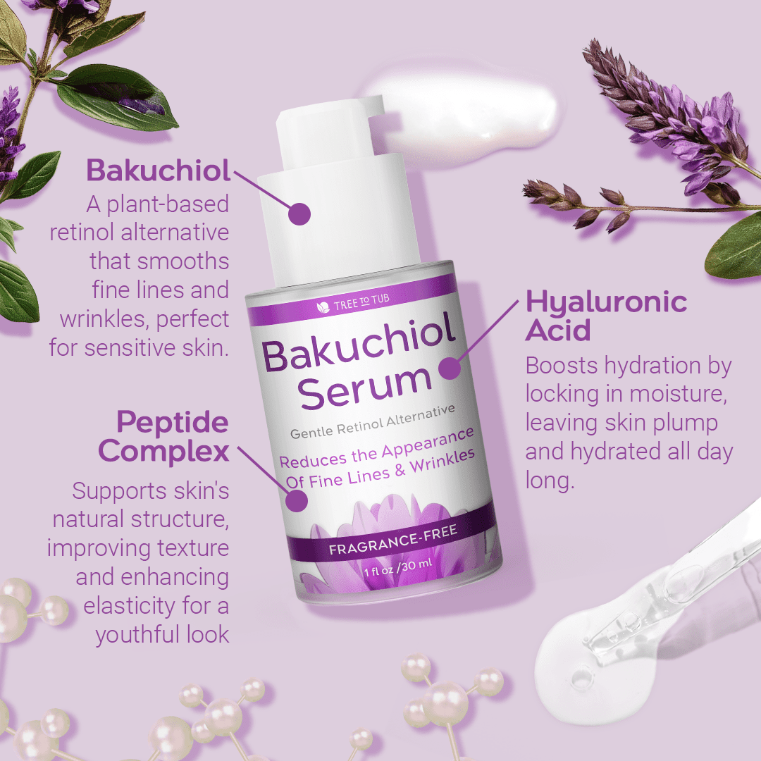 Tree To Tub Bakuchiol Face Serum - Gentle Hydrating Retinol Alternative for Fine Lines & Wrinkles with Hyaluronic Acid & Peptides for All Skin Types