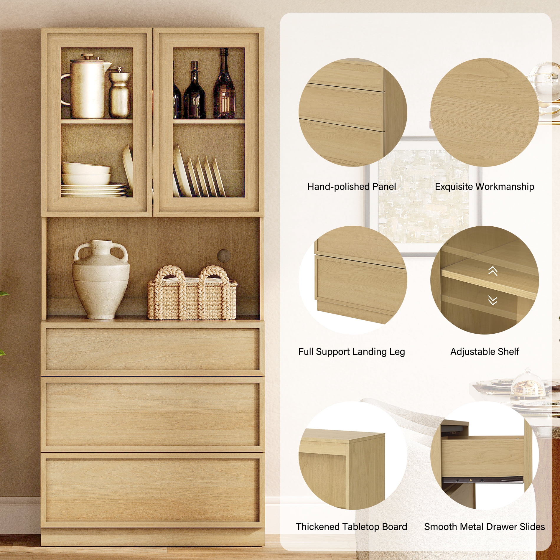 Modern 72" Tall Bookshelf with 3 Drawers and Book Shelves, Library Bookcase with Storage Cabinet and Glass Display Shelves,Oak