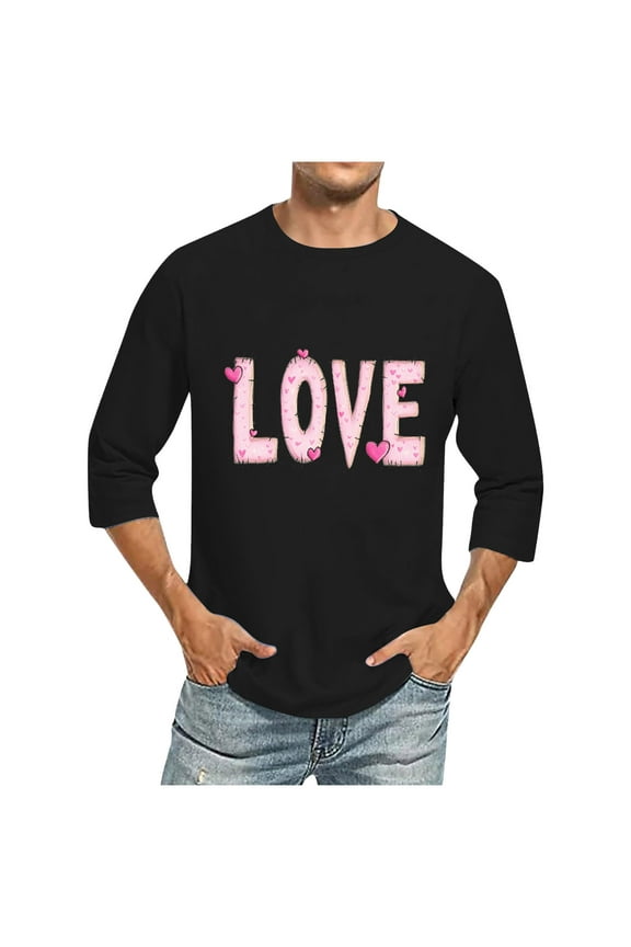 Men Love Long 3/4 Sleeve Words Print Sweatshirt Valentines Day Funny Grahic Pullover Blouse Casual Shirts Top Casual Valentines Gifts Plus Size 2X 3X 5X