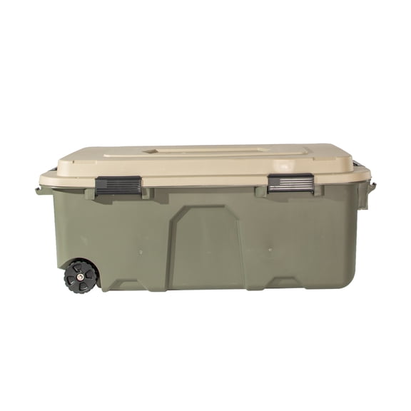 Realtree WEATHERMAX 31 Gallon Green and Tan Wheeled Storage Tote with Latching Lid, Plastic Storage Bin