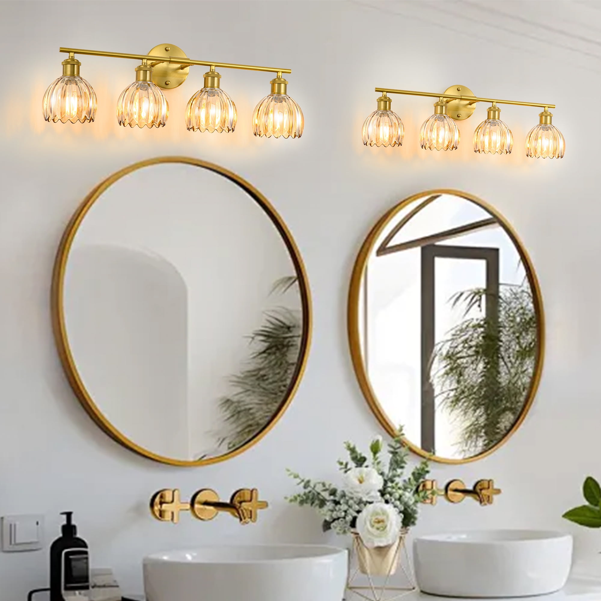GCGAFUL Modern Gold Bathroom Vanity Light Fixtures, 26 in. 4-Light Bathroom Lights Fixtures Over Mirror with Amber Tulip Glass Shade