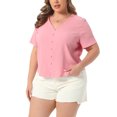 thumbnail image 4 of Agnes Orinda Women's Plus Size Cropped Tops V Neck Short Sleeve Button Down Summer Casual Shirt 3X Dark Pink, 4 of 5