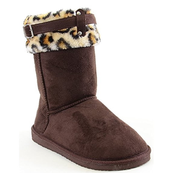 Leopard Cuff Furry Buckle Vegan Suede Flat Warm Women's Boots (C-Brown, 6.5 B(M) US)