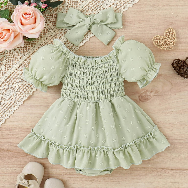 ZHAGHMIN Baby Girls Dresses 6 9 Months Girls Short Sleeve Floral Romper Ruffles Bodysuits Dress Headbands Set 18 Month Baby Girl Clothes Baby Girl