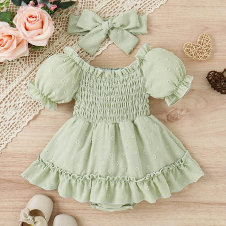 

NIUREDLTD Girls Short Sleeve Floral Romper Ruffles Bodysuits Dress Headbands Set