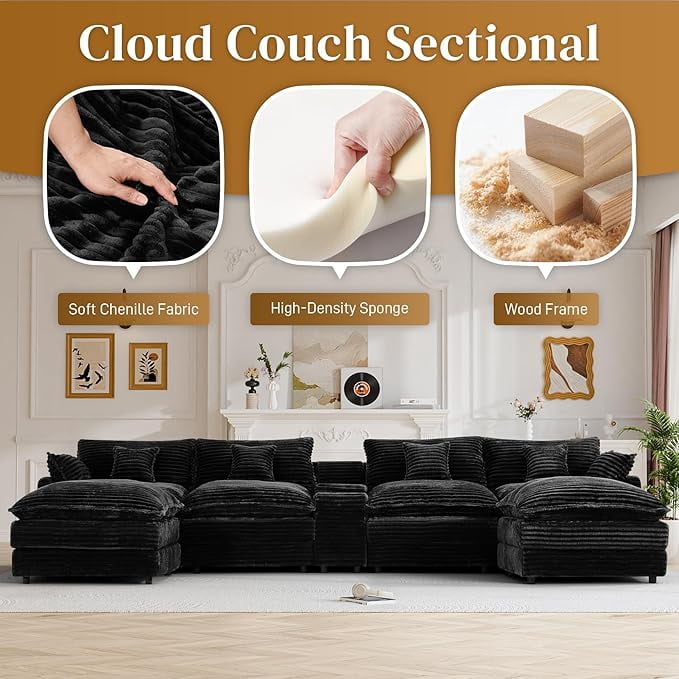 ShiKeyi Oversided 145" U Shaped Cloud Couch Sectional, DeepSeat Sofa Bed with USB Charging, Hidden Storage, Cup Holders & Chenille Double Chaise, Black