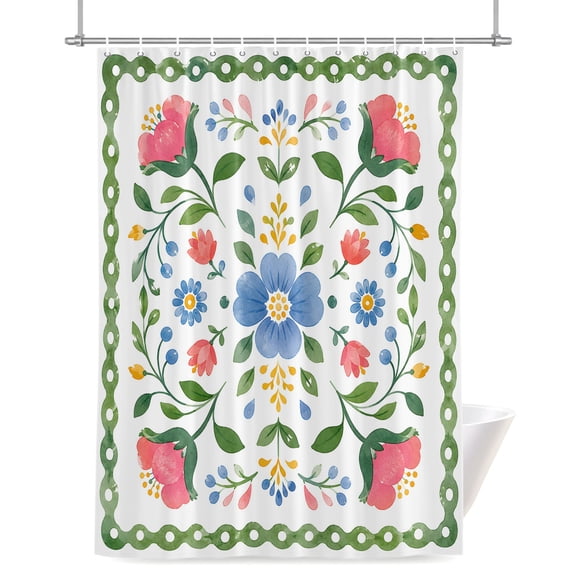 Blue Pink Floral Shower Curtain 36" x 72", Country Pastoral Peonies Flowers Green Leaf Plaid Waterproof Bathroom Curtain Hotel Luxury Washable Shower Curtain Set with 12 Hooks