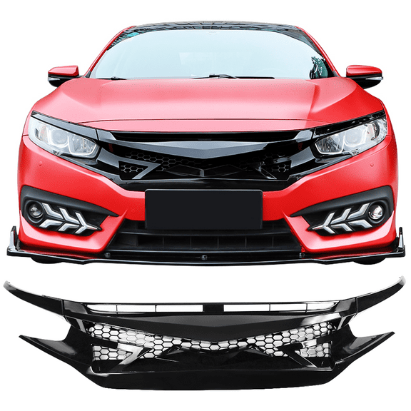 Ikon Motorsports Compatible with 16-18 Civic Sedan Coupe IKON Gloss Black Front Bumper Grille Hood Mesh ABS 2016 2017 2018