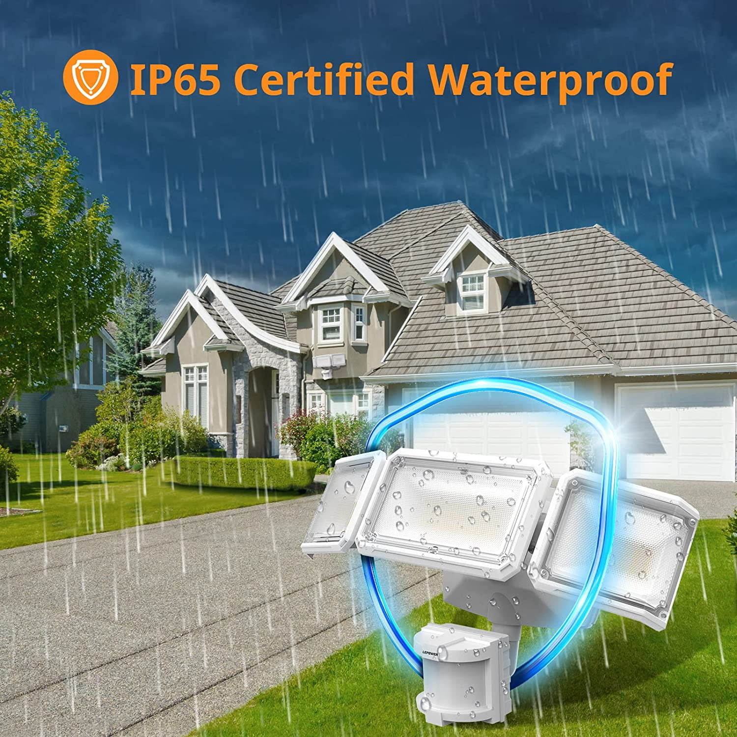 LEPOWER Battery Powered LED Flood Light Outdoor,1500 LM, 5000 K, IP65 Waterproof, Wireless Flood Light Battery Operated, 3 Head Motion Detector Light for Garage, Yard, Porch, White