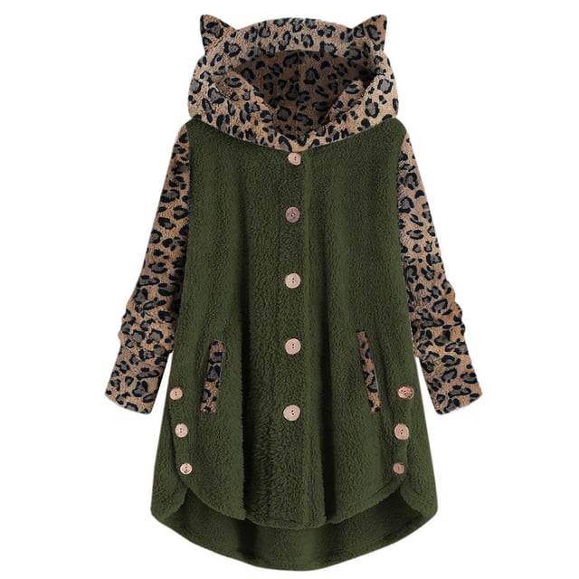 Ropa Kawaii para mujer, Sudadera con capucha de estilo lindo, chaqueta con orejas de gato, manga larga abotonada, retales con estampado de leopardo, estampado de leopardo
