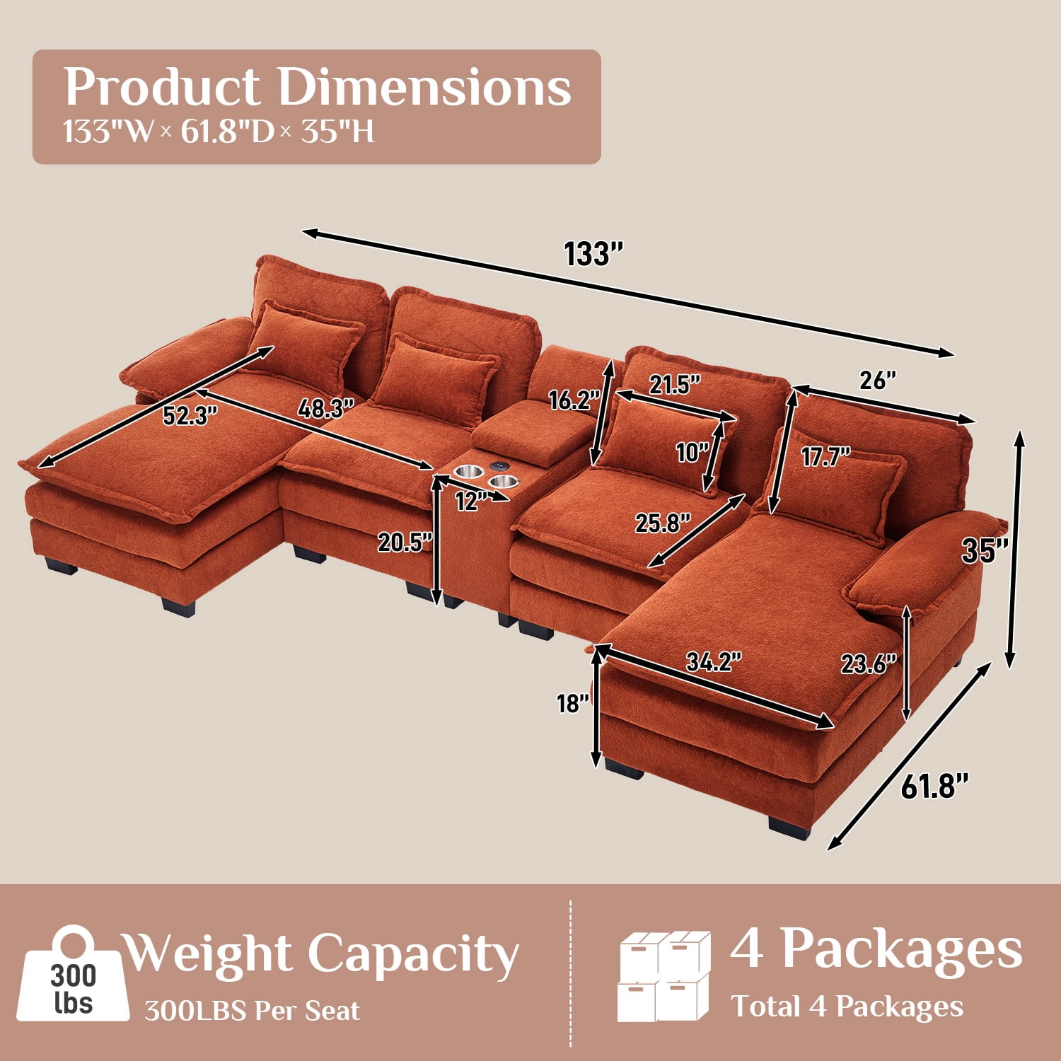 Wiilayok 133" U Shaped Cloud Couch Modular Sectional Couches for Living Room Fluffy Chenille Deep Seat Sofa set w/ Double Chaise Lounge, Storage Central Console, Cup Holders, USB Port, Sunset Orange