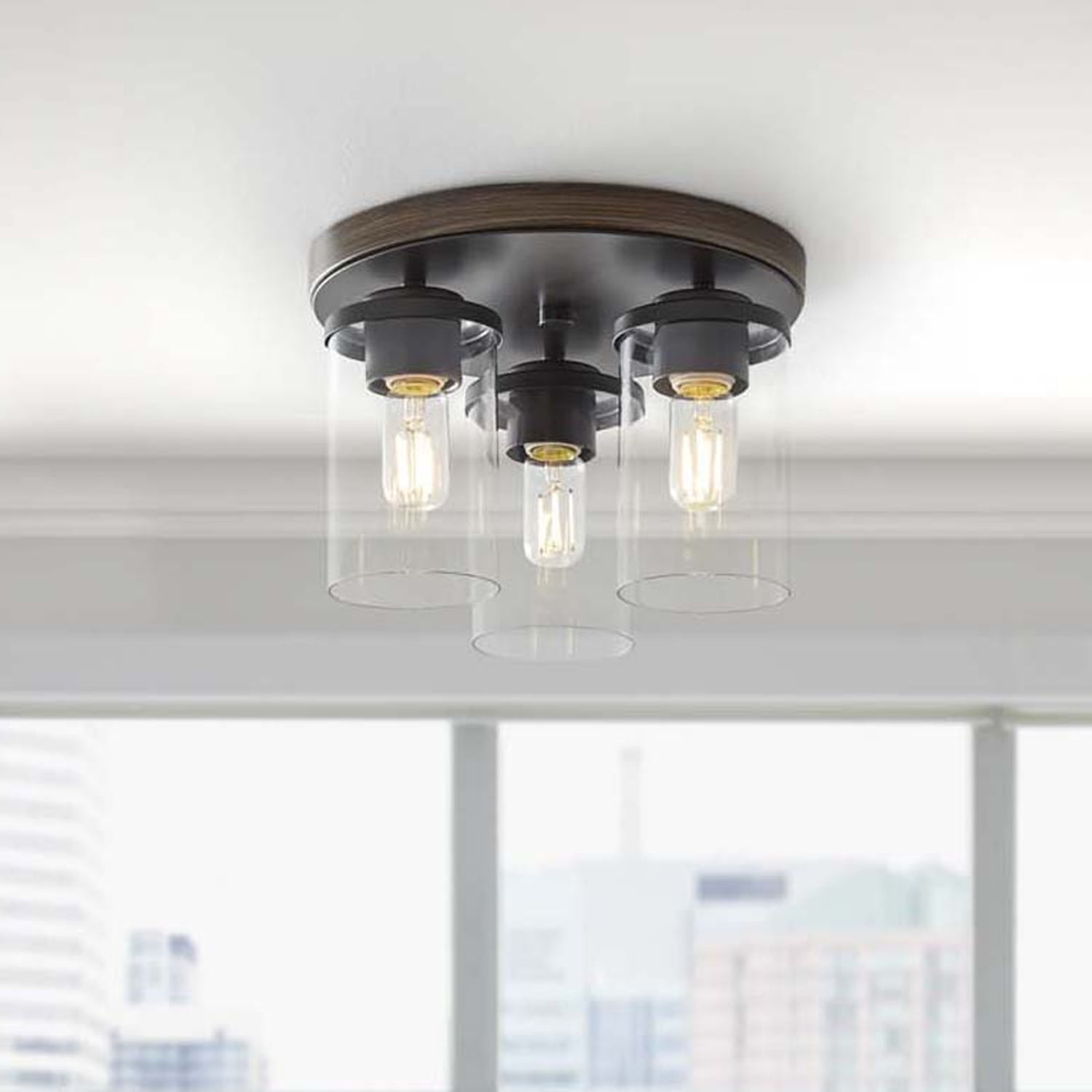 (2 pack) Better Homes & Gardens 12" Farmhouse 3-Light Walnut Flush Mount Ceiling Light, Clear Glass Shades