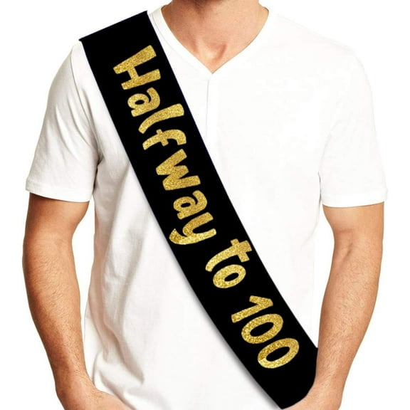 1 pcs Halfway to 100 Black and Gold Glitter Satin Sash - Happy 50th Birthday Party Supplies, Ideas and Decorations