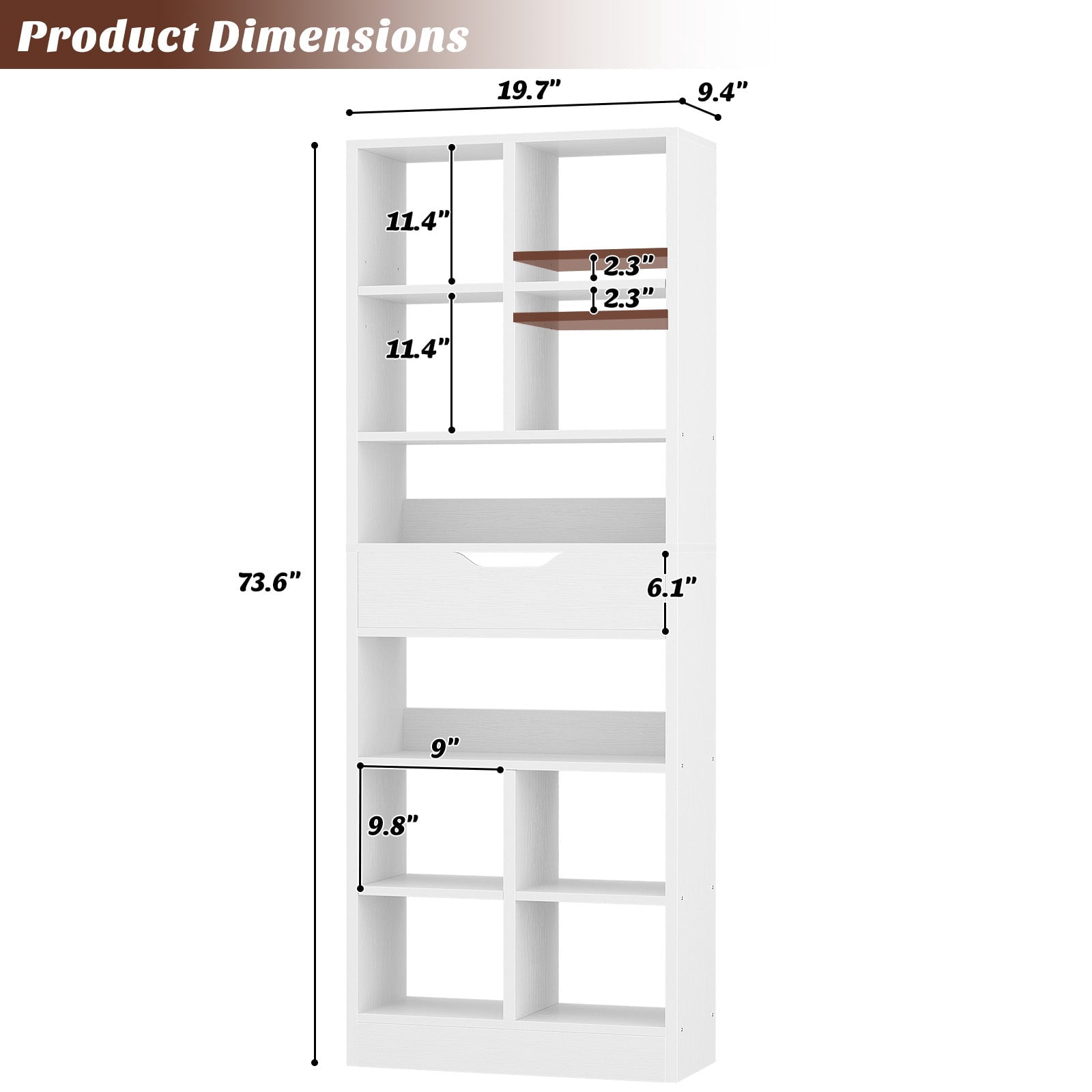 iSunirm 73.6'' Tall Cube Bookcase with Drawer, 10-Tier Bookshelves with Adjustable Shelves, 19.7 '' Width Display Shelf for Living Room, Home Office, White