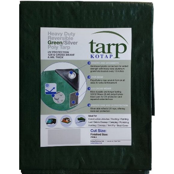 Kotap 25-ft x 40-ft Heavy-Duty 12 by 12 Cross Weave 8-mil Reversible Green/Silver Poly Tarp, Item: TGS-2540