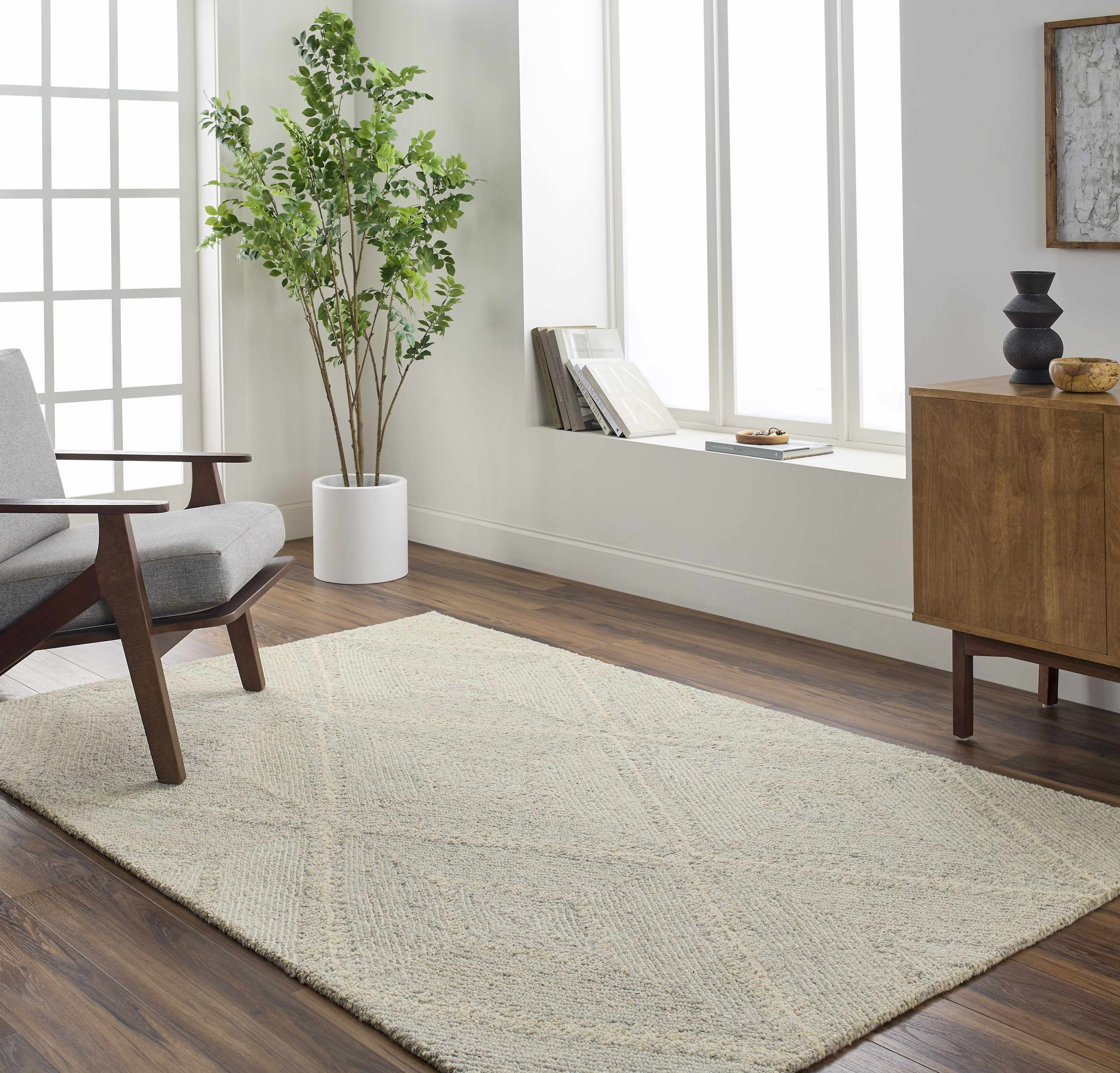 Hauteloom Alick Boho Diamond Hand Tufted Wool Natural Fiber Soft Large Area Rug - Traditional Trellis Carpet for Living Room, Bedroom, Dining Room - Cream, Sage - 8' x 10' (8x10 Area Rug)