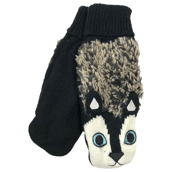 Womens Black Acrylic Puppy Dog Mittens with Plush Lining
