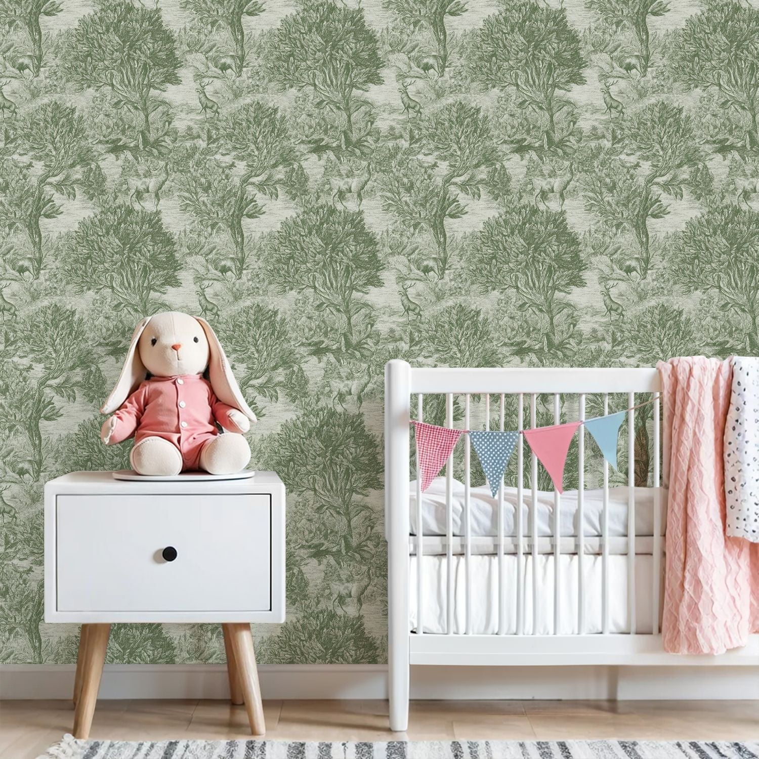 Hunt Peel and Stick Wallpaper 23.6in x 9.8ft Vintage Green Forest Deer Botanical Elements Contact Paper Vinyl Waterproof Self Adhesive Wall Paper for Bedroom Shelf Cabinet Renter Friendly