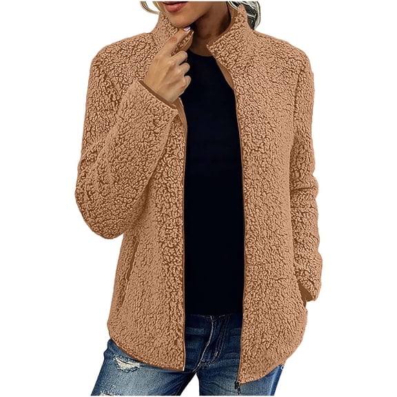 XFLWAM Women's Fleece Sherpa Coat Winter Stand Neck Cozy Fluffy Plush Jacket Casual Solid Open Front Zipper Outwear with Pocket Brown XXL