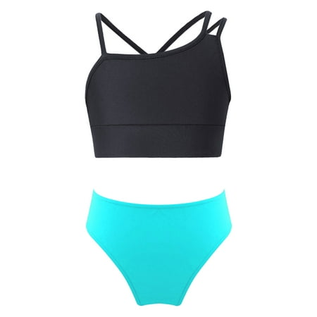 YEAHDOR Kids Girls 2-Piece Swimsuit Solid Color Crop Top with Bikini Briefs Bathing Suit Beach Wear Black&Lake Blue 12