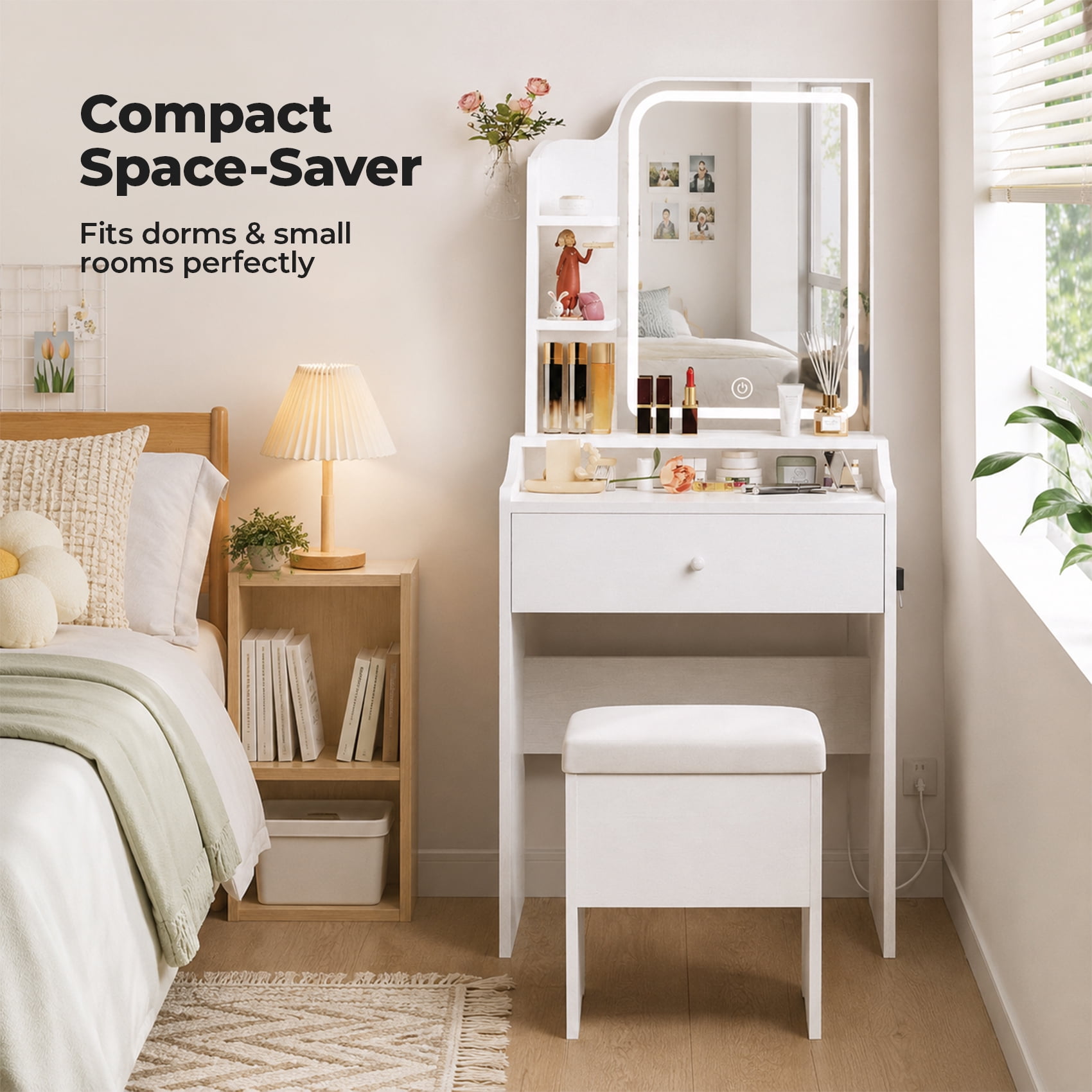 Alvantor Compact Makeup Vanity Desk with LED Mirror and Shelves Set