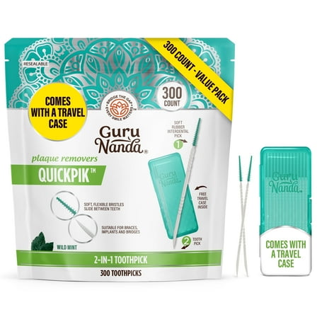 GuruNanda 2-in-1 QuickPik Toothpick with Interdental Pick- 300 Count - Plaque Removers - Travel Case
