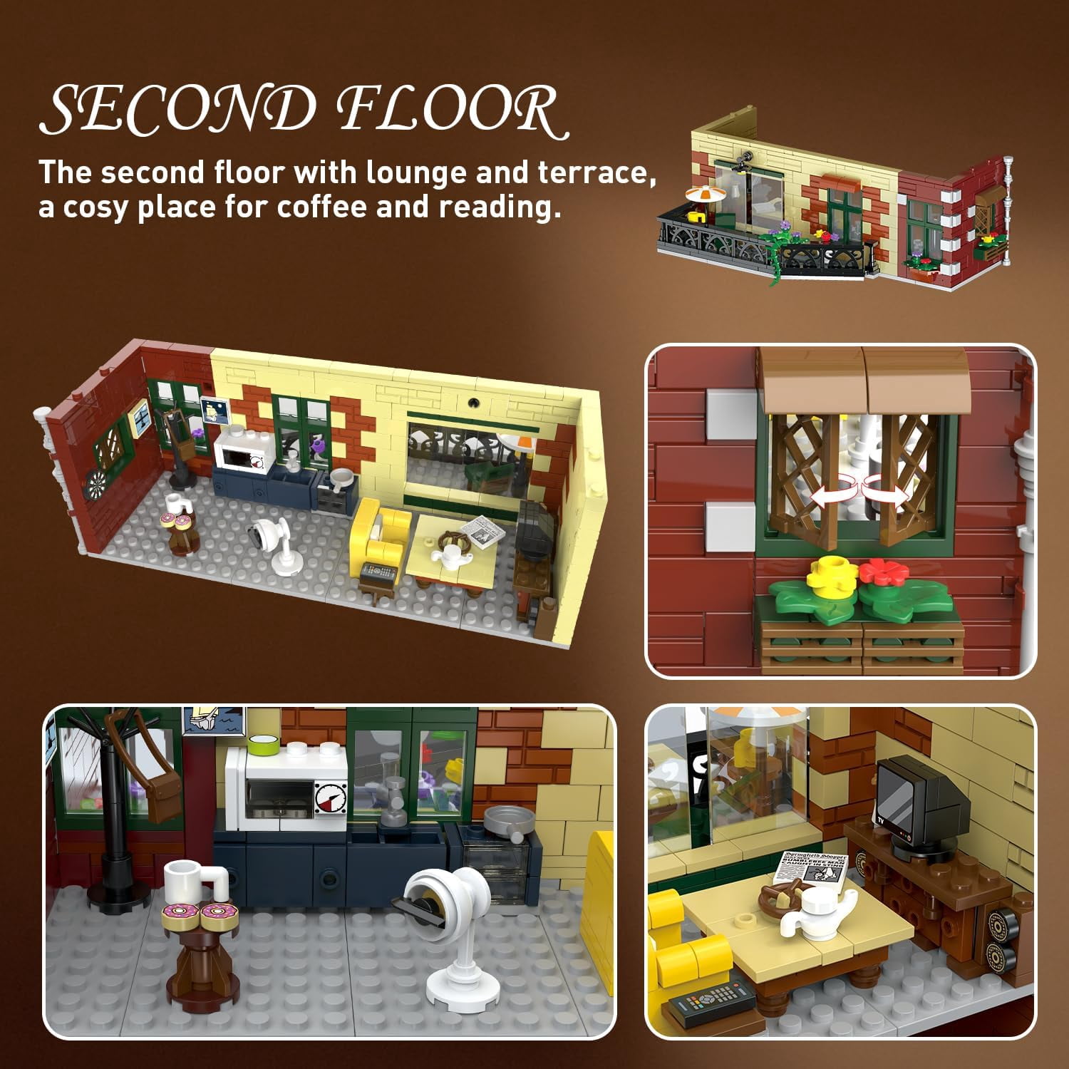 TERRAMUS Cafe Shop Building Kit with LED Light, 1589 Piece City Street View Building Blocks Set, Coffee House Construction Toy for Ages 12+